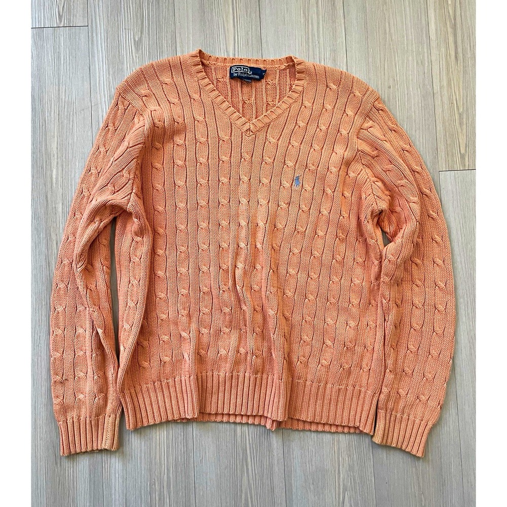 Polo Ralph Lauren Women's Orange Cable Knit V-Neck Cotton Pony Logo Sweater Sz M